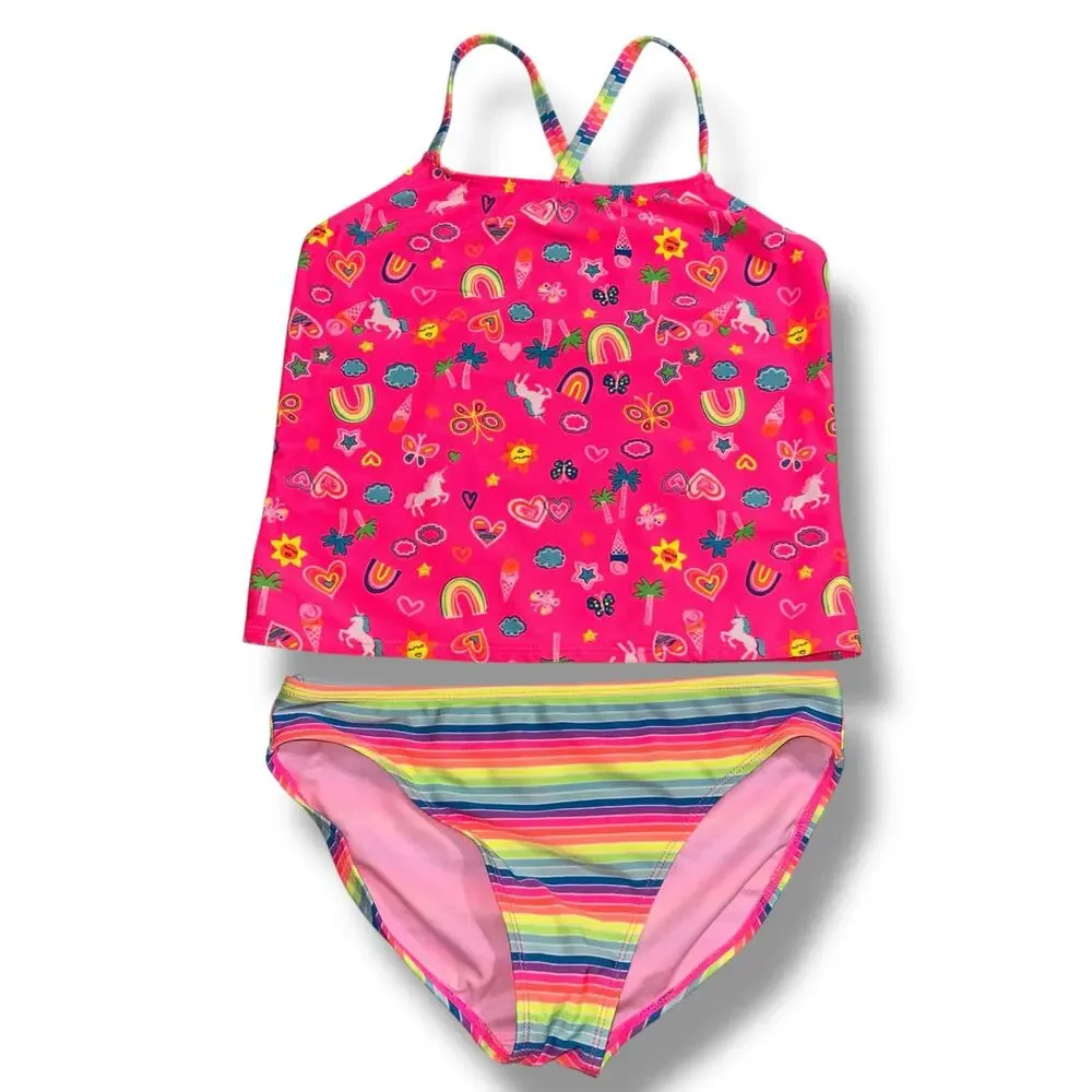 Wonder Nation Girls Tankini Swimsuit 2 Piece Set Rainbow Unicorn Stripes XL